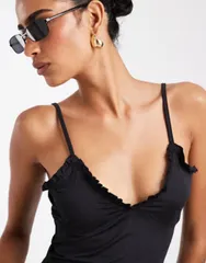 エイソス レディース トップス シャツ フリル ASOS DESIGN slinky ruffle detail cami top Black ブラックのサムネイル