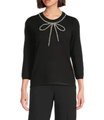 アンクライン レディース トップス Tシャツ クルーネック ニット Anne Klein Crew Neck 34 Sleevembellished Bow Knitop Black ブラックのサムネイル