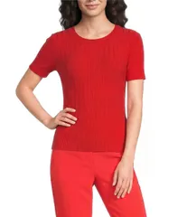 カール ラガーフェルド レディース アウター ニット・セーター クルーネック リブ KARLAGERFELD PARIS Ribbed Knit Crew Neck Short Sleeve Sweaのサムネイル