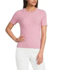 カール ラガーフェルド レディース アウター ニット・セーター クルーネック リブ KARLAGERFELD PARIS Ribbed Knit Crew Neck Short Sleeve Sweaのサムネイル