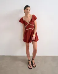 トップショップ レディース トップス ワンピース ミニ レース Topshop flutter sleeve mini tea dress with lace inserts in rust ラストのサムネイル