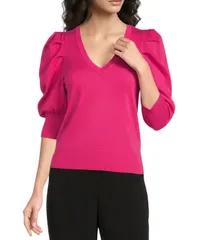 ダナキャラン レディース トップス Tシャツ Vネック プリーツ ニット DKNY by Donna Karan Pleated Puffed Elbow Length Sleeve VNecknitのサムネイル