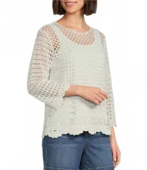 ウエストバウンド レディース トップス Tシャツ プチ Westbound Petite Size 34 Sleeve Crochetop Dark Cream クリームのサムネイル