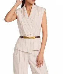 ダナキャラン レディース アウター ベスト リネン Donna Karan Coordinating Pinstripe Linen Blend Belted Vestop FlaxCanyonのサムネイル