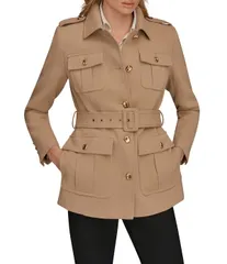 ダナキャラン レディース アウター コート クレープ ブレザー Donna Karan Crepe Belted Military Blazer Modern Coat Light Camel キャメのサムネイル