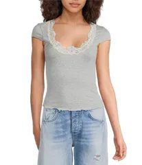 フリーピープル レディース トップス Tシャツ キャップ Free People Oh My Darling Square Neck Cap Sleeve Tee Heather Grey グレーのサムネイル