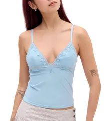 アーバンアウトフィッターズ レディース トップス シャツ レーストリム レース ニット BDG Urban Outfitters Adore Lace Trim Knitank Top Blue ブルのサムネイル