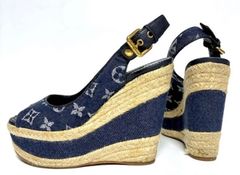 美品】Louis Vuittonモノグラム デニム ウェッジソール ネイビー