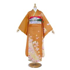 振袖 正絹 ちりめん カラシ 金箔 桜 熨斗目 大正ロマン5点セット203
