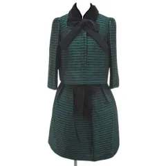 トゥービーシック TO BE CHIC ボーダー柄 セットアップ スカートスーツ 40/38 緑系 グリーン 光沢 ラビットファー リボン 比翼 裏地 日本製のサムネイル