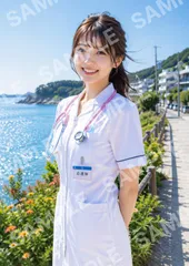 【AIアート】【海辺の看護師】笑顔が眩しい！白衣に聴診器、爽やかな看護師さんのグラビア X0105