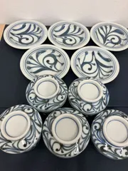 【441301097706】 銘あり 染付 唐草紋 蓋付湯呑 茶托 小皿 5客セット 和食器 来客用のサムネイル
