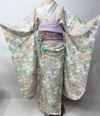 袋帯 正絹 西陣織 花文庫 作り帯 結び帯 着付け不要 若草色×金 NO43243 