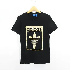 アディダスオリジナルス adidas originals Tシャツ カットソー 半袖 クルーネック トレフォイル コットン XS ブラック×ゴールド ※EKM