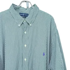 ラルフローレン Ralph Lauren クラシックフィット ボタンダウン ストライプ シャツ メンズ 5XL 相当 緑 白 グリーン ホワイト パープルポニー 刺繍ロゴ 長袖 古着 ワンポイント 超ビッグサイズ 4XLT オーバーサイズ ゆるだぼ