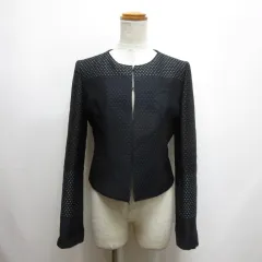 ランバン LANVIN ドット柄 ノーカラー ジャケット ウール混 38 黒 ブラック ホックボタン 裏地付き 日本製のサムネイル