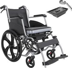 HAIBOO 車椅子 3in1入浴用車椅子 防水シャワー浴室用車椅子 便器付き 自走式車椅子 Ｕ型座面 フットペダル高さ調節 折りたたみ式 組立簡単 アルミ合金製 (グレー)のサムネイル
