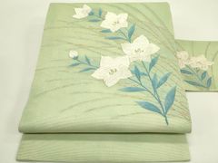 美品 開き名古屋帯 夏帯 絽 洗える 水色 藤 長さ3m62㎝ お洒落 化繊 
