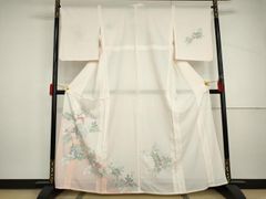 美品】単衣 正絹 落款 訪問着 薄ピンク地 花鳥文様 夏用 着物 作家物