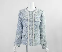 ROCHAS Premiere レリアン ◆ ノーカラー ツイードジャケット ブルー サイズ9 Leilian ロシャス プルミエール◆G051のサムネイル