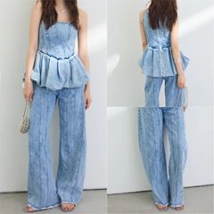 デニムペプラムバックZIPトップス+カーヴィースリットデニムパンツ