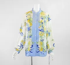 未使用 Leilian ◆ 花柄切替 バンドカラーブラウス サックス 9号 (定6.4万円) 長袖シャツ ROCHAS Premiere ロシャス レリアン ◆G051のサムネイル