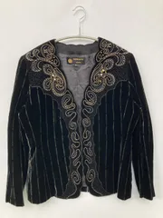 HARDY AMIES ハーディエイミス ノーカラージャケット 37 ブラック ベロア ストライプ柄 刺繍 ミドル丈 レディースのサムネイル