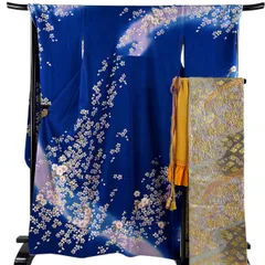 振袖 身丈168cm 裄丈70cm L 袷 袋帯フルセット 桜 桜の花びら 金彩 銀糸 青 正絹 名品 【中古】のサムネイル