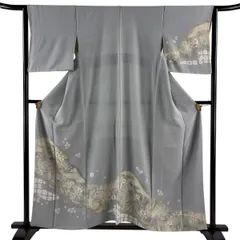 訪問着 身丈157cm 裄丈64cm M 袷 桜 霞 絞り ぼかし 灰色 正絹 秀品 【中古】のサムネイル