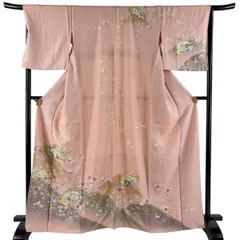 訪問着 身丈164cm 裄丈67.5cm L 袷 扇 草花 金糸 金銀彩 薄ピンク 正絹 秀品 【中古】のサムネイル