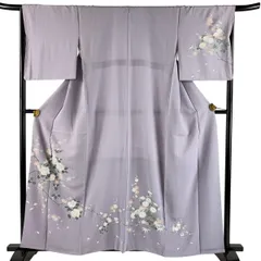 訪問着 身丈159.5cm 裄丈67cm M 袷 椿 枝梅 縮緬 薄紫 正絹 秀品 【中古】のサムネイル