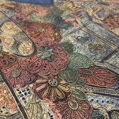 汕頭刺繍 蘇州刺繍 名古屋帯 結城紬 貝桶に花模様 九寸、正絹 着物 X-3131のサムネイル