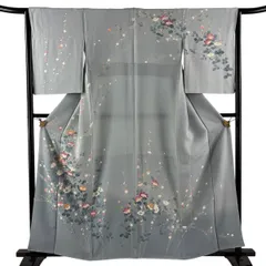 訪問着 身丈158cm 裄丈64cm M 袷 落款 枝花 枝梅 ぼかし 青灰色 正絹 名品 一つ紋 【中古】のサムネイル