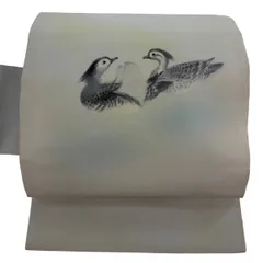名古屋帯 名品 松井青々 落款 鳥 灰白 正絹 【中古】のサムネイル