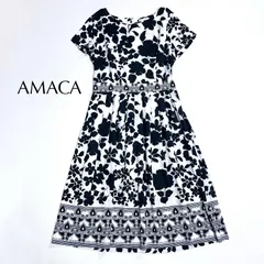 kT09 AMACA フワラープリントワンピース 花柄 ウエスト切替ドレス 半袖 プリーツスカート 黒 白 三陽商会 アマカのサムネイル