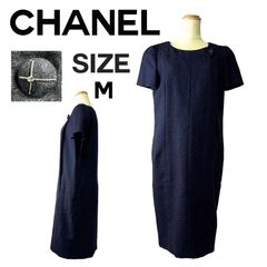 CHANEL ブラック リブニットワンピース 長袖 CCボタン ウール シルク 