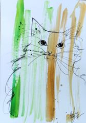 原画#554 黒猫 猫 薔薇 花 蝶 水彩画 ドローイング イラスト 絵 アート