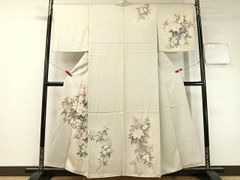 ゆりのはな 単衣 着物 付下げ 友禅加工 花柄 薄水色系 正絹 F803