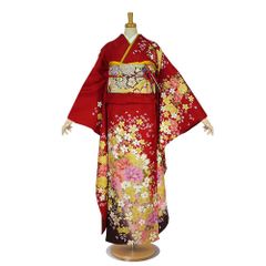 美品 振袖 金茶×焦茶×深紅 蝶 藤花文様 金彩 正絹 成人式