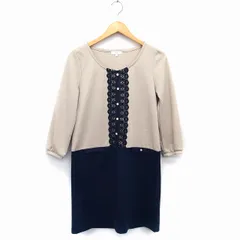 ビス ViS ワンピース Iライン ミニ 丸首 長袖 切替 レース グログランテープ M ベージュ ネイビー 紺 /HT28のサムネイル