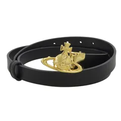 未使用品▲Vivienne Westwood ヴィヴィアンウエストウッド オーブバックル レザー ナローベルト ブラック ゴールド金具 箱・保存袋付き イタリア製 メンズ