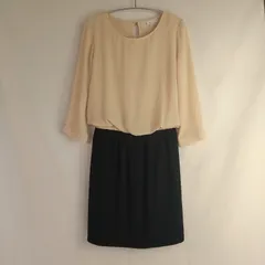 M1-03502 【Women】 ROPE PICNIC (ロペ ピクニック) ミニ丈ワンピース 七分袖 38(M相当) / ベージュ×黒 表ウエスト部分にほつれ有 全体的に毛羽立ち有 HT-春秋のサムネイル
