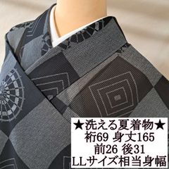 洗える夏着物・絽・小紋】 化繊 黒 青赤白のライン 縦縞 れ04M05a