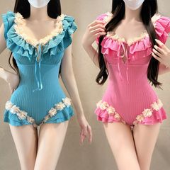 [무료 배송] 레트로 프렌치 귀여운 프릴 원피스 수영복 원피스 가슴 팍 프릴 배 커버 리조트 온천 세련된