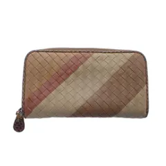 ボッテガヴェネタ BOTTEGA VENETA イントレチャート ラウンドファスナー 長財布 メッシュ 編み込み レザー 本革 茶 ブラウン ベージュ /RI ■OS ■GY18
