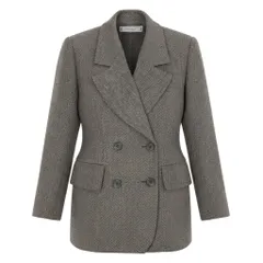 19f4 YVES SAINT LAURENT イヴサンローラン ダブルブレスト テーラード ツイードジャケット ヘリンボーン柄 サイズM グレー レディース女性服o07tのサムネイル