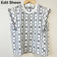 Edit Sheen 花柄刺繍 フレンチスリーブ ブラウス コットン100% 白 紺のサムネイル