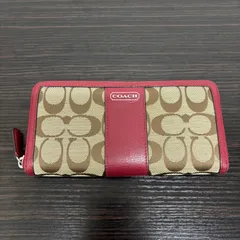 (r)COACH コーチ シグネチャー長財布 キャンバス ラウンドファスナー カード入れ レッド系/3520