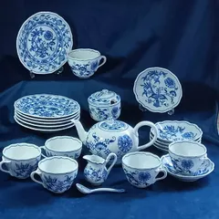 ボヘミア Bohemia 美品 カールスバード ブルーオニオン チェコ ボヘミア陶器 食器セット フルセット 260516-166のサムネイル