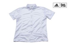 Adidas Golf, used, short-sleeved button-down shirt, women's golf wear, size L, white, polyester, made in Indonesia.